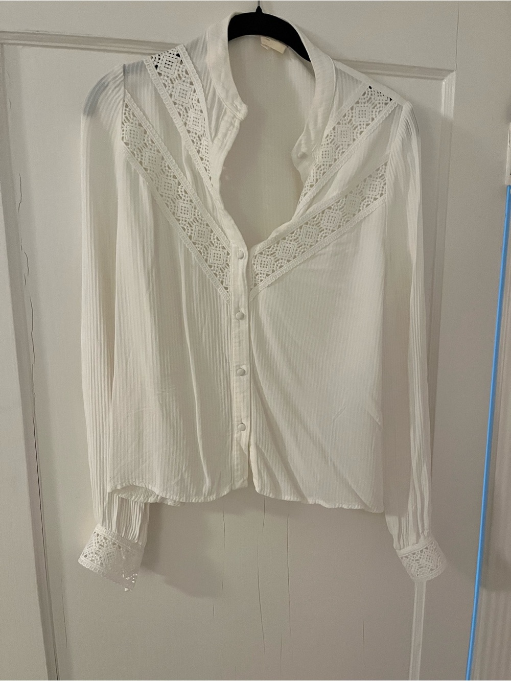 Sezane White Lace Yoke Button-Down Blouse
